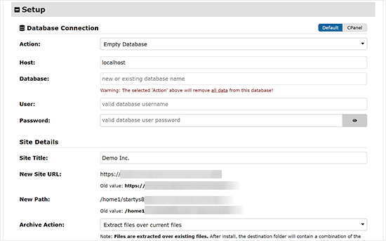 Enter database details Enter database details