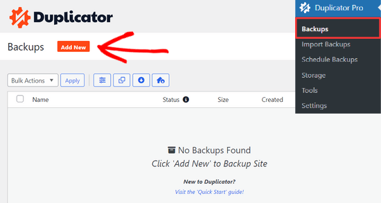 Add new backup Add new backup
